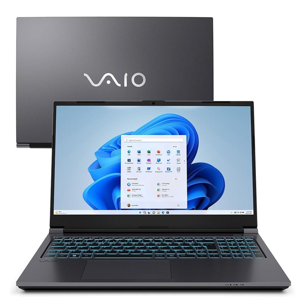 Notebook VAIO FH15 aberto mostrando a tela com Windows 11 Home e teclado azul