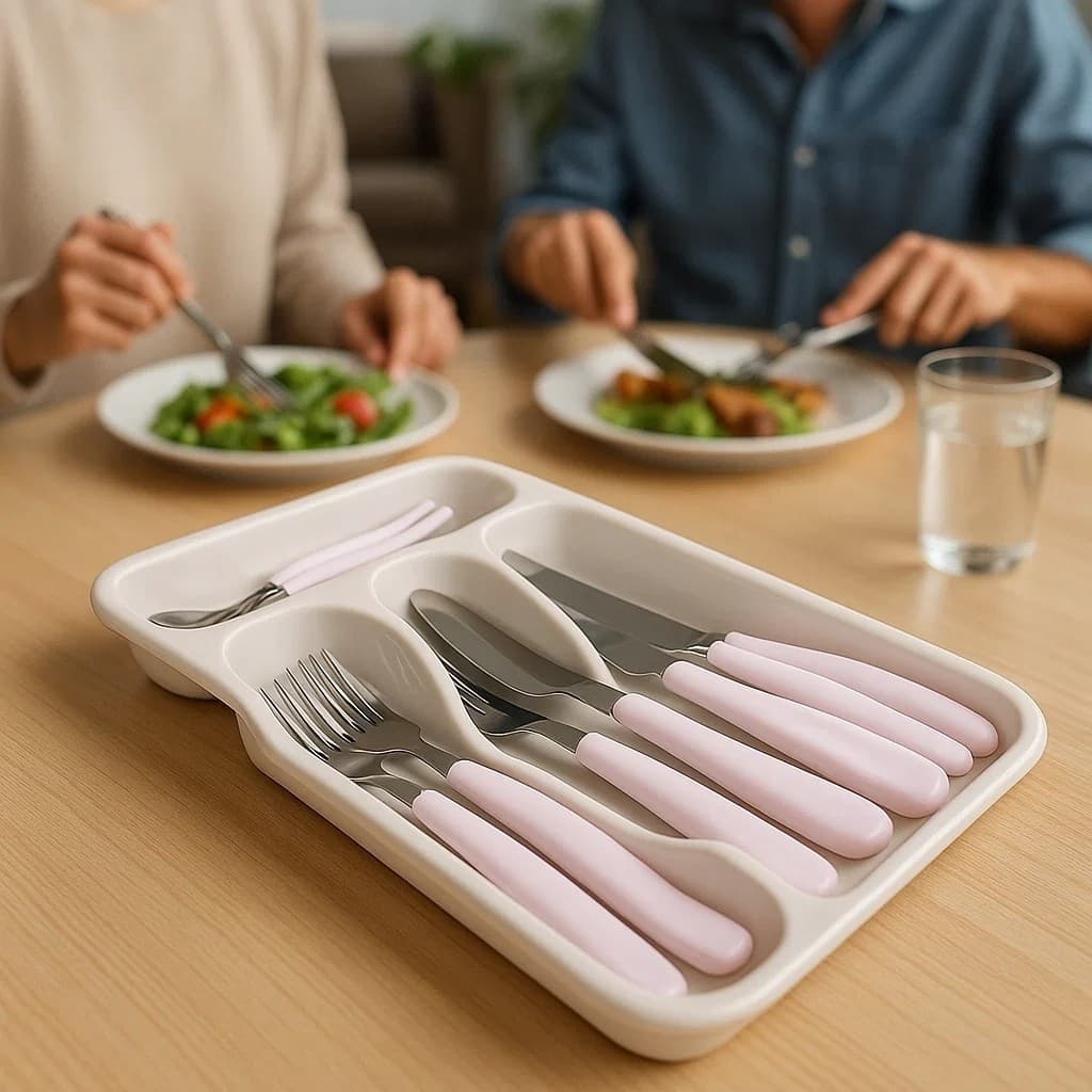 Kit de talheres com 25 peças, facas, garfos e colheres com cabos rosa, organizados em um porta-talheres branco.