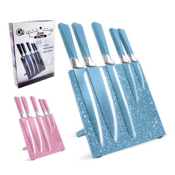 Jogo de Facas 5 Peças com Suporte Magnético Azul e Glitter