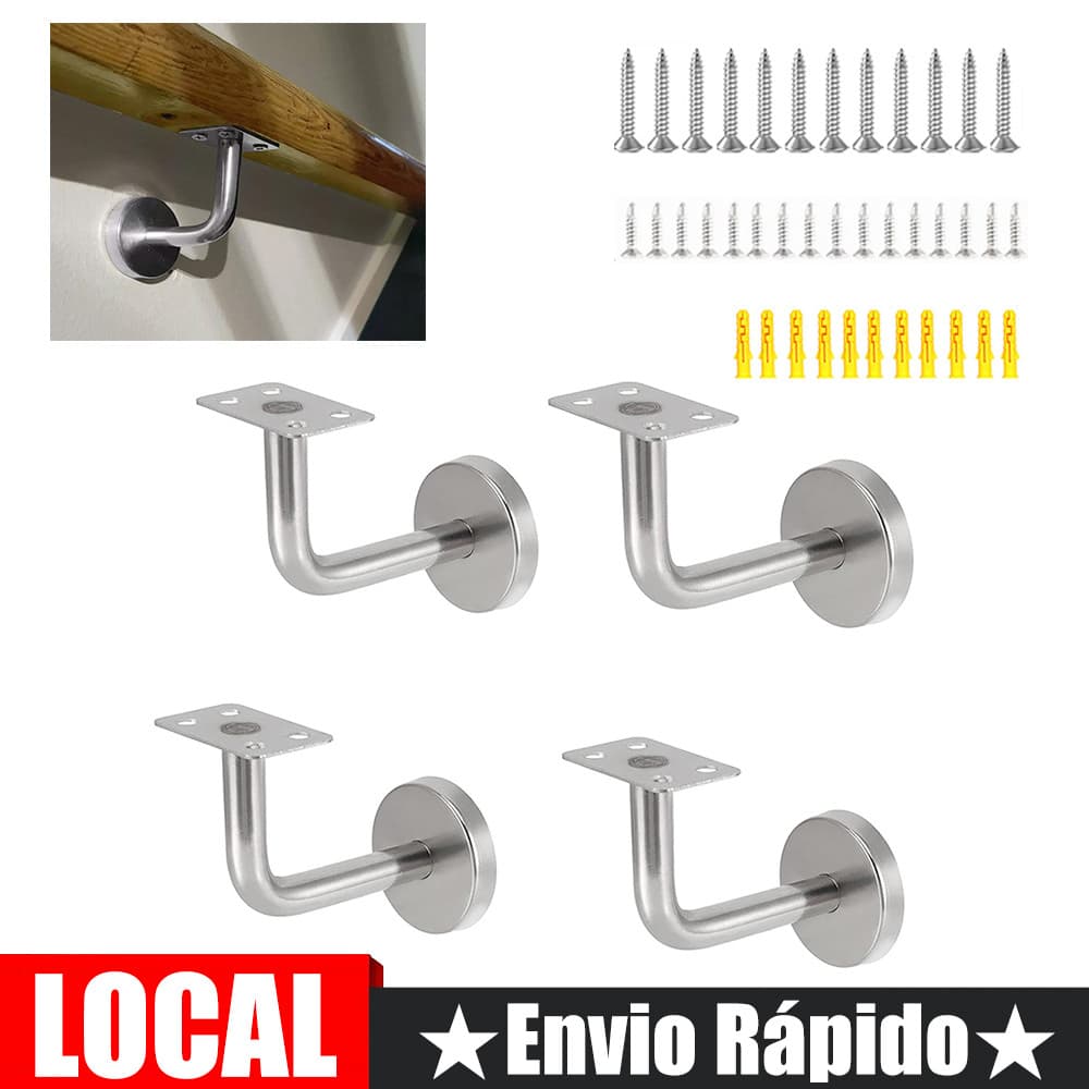 Conjunto de 4 suportes para corrimão de escada em aço inoxidável 304, com parafusos e porcas para montagem, fundo branco, envio rápido.