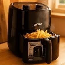 Fritadeira elétrica preta com cesto de batatas fritas, marca Eastoole
