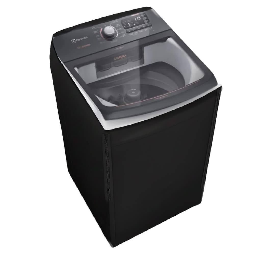Máquina de lavar roupas Electrolux preta com porta de vidro e tampa com zíper