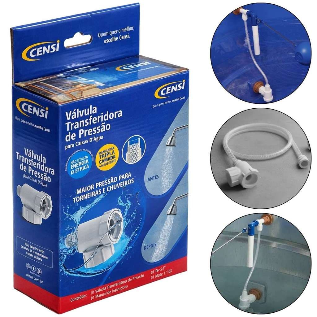 Pressurizador de água Censi, caixa azul e vermelha, válvula transferidora de pressão, torneira e chuveiro, 3/4'' e 1.1/2''.