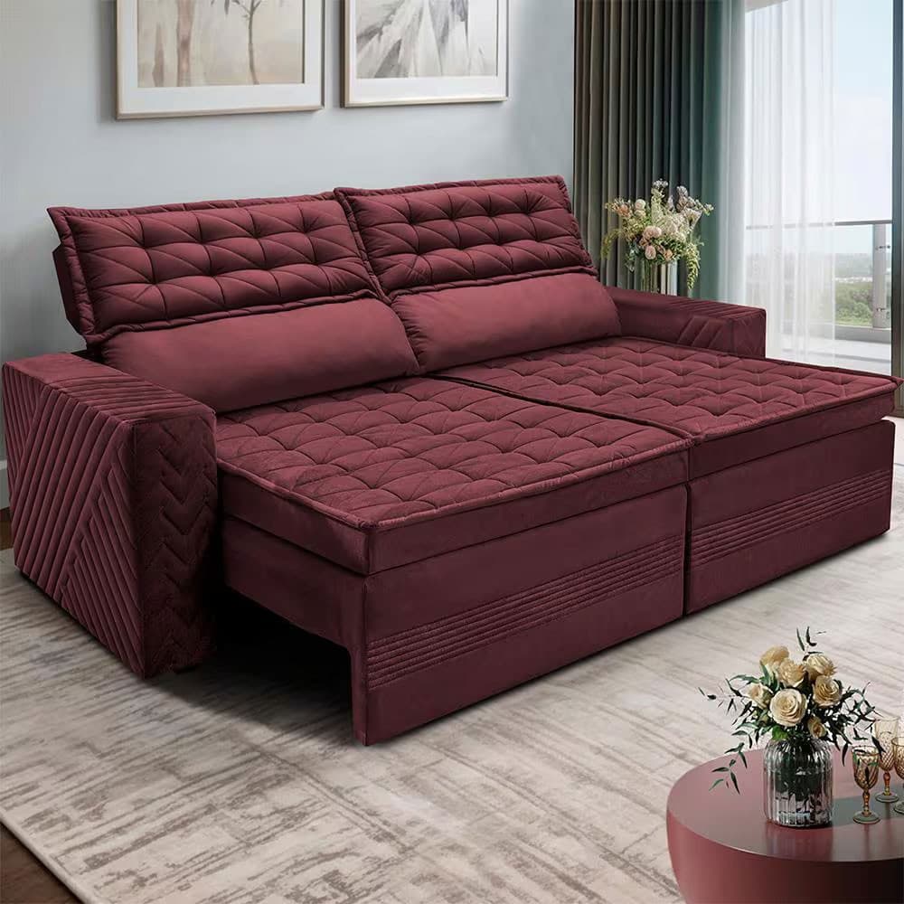Sofá de 4 lugares marrom escuro com assento retrátil e encosto reclinável em suede velusoft