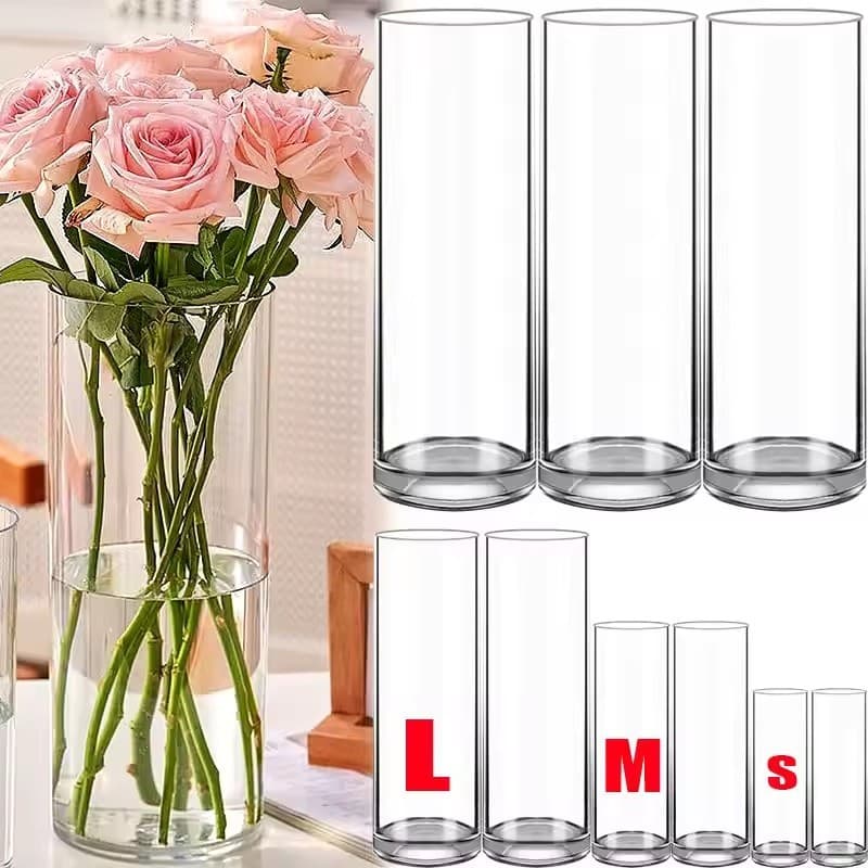 Vaso de flores cilíndrico transparente acrílico com flores rosa e tamanhos variados