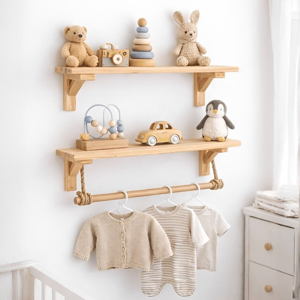 Kit 2 Prateleiras Infantil Montessoriana Pinus com Barra e Corda Sisal + 3 Cabides Infantis decoração quarto criança