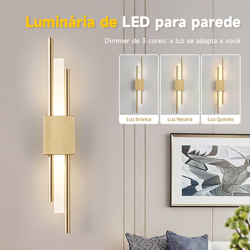 Luminária de parede LED moderna com três cores em um, dourado, iluminação decorativa de parede.
