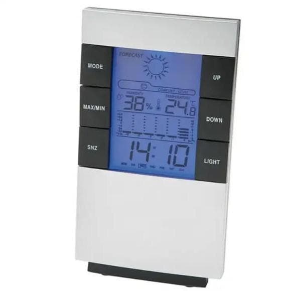 Estação meteorológica digital com tela LCD azul e botões de controle