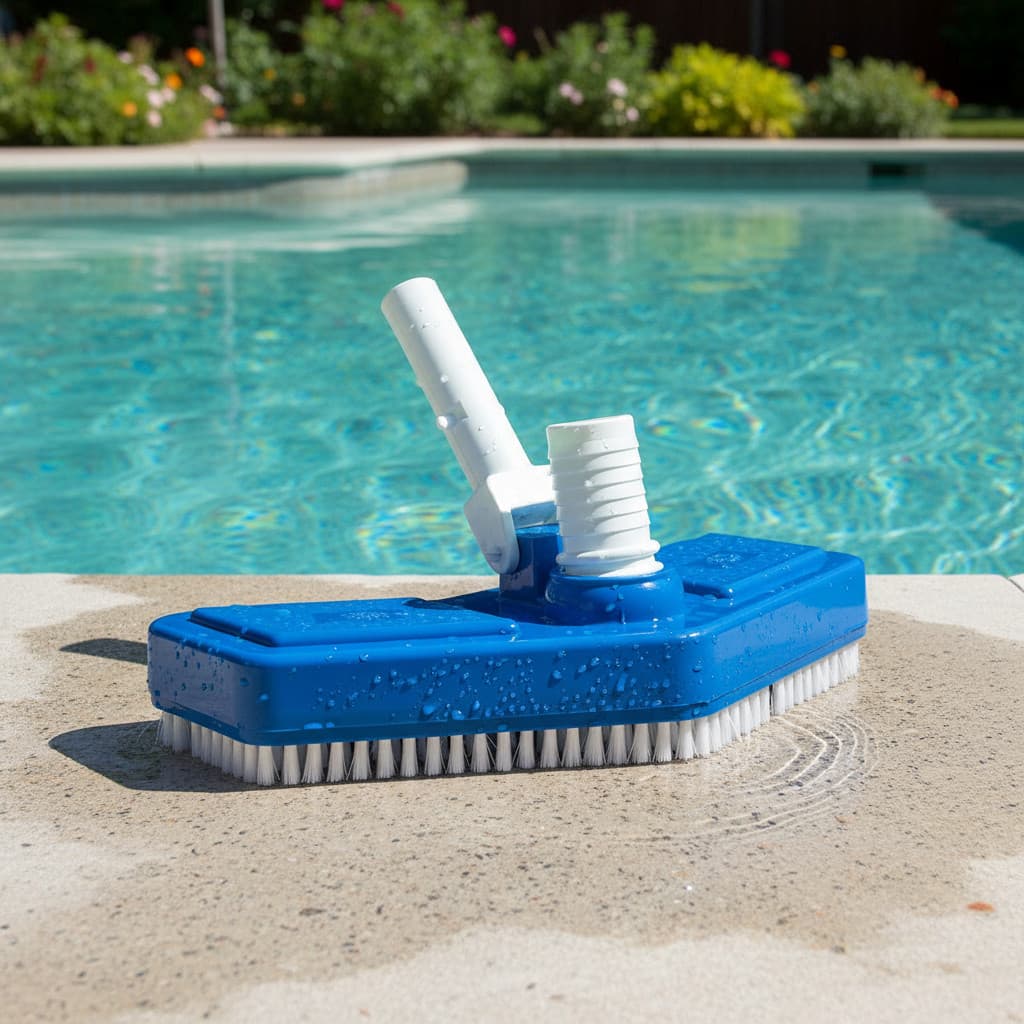 Aspirador de piscina azul e branco com escova para limpeza de piscinas