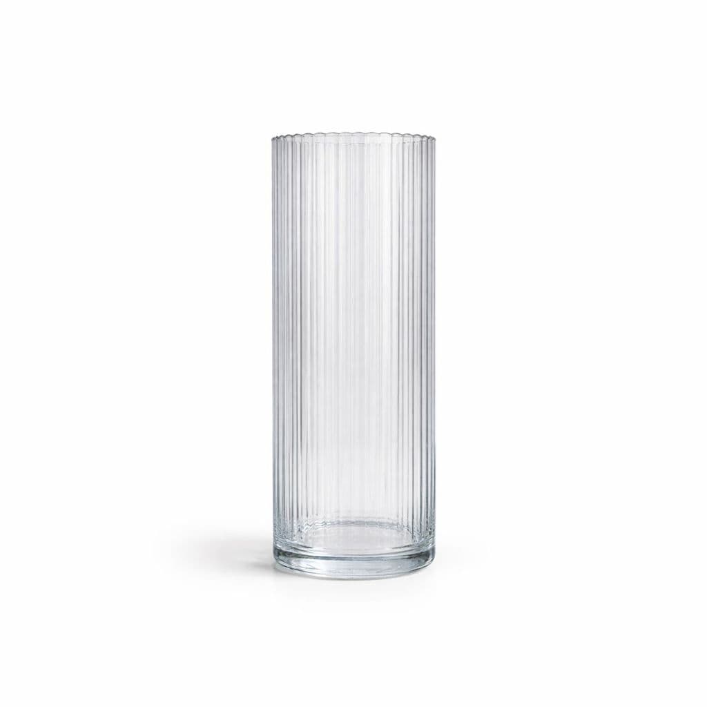 Vaso cilíndrico de vidro transparente canelado para decoração