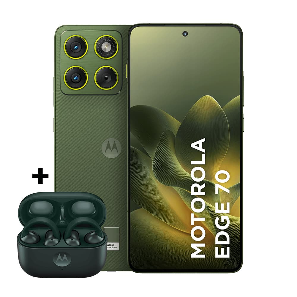 Kit Motorola Edge 70 5G com fone Bluetooth Moto Buds Loop, smartphone verde com câmera traseira quadrada, fone verde escuro, fundo branco.