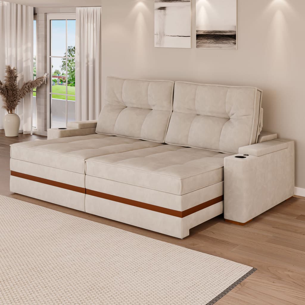 Sofá retrátil reclinável 5 lugares Mônaco 2,76m veludo creme