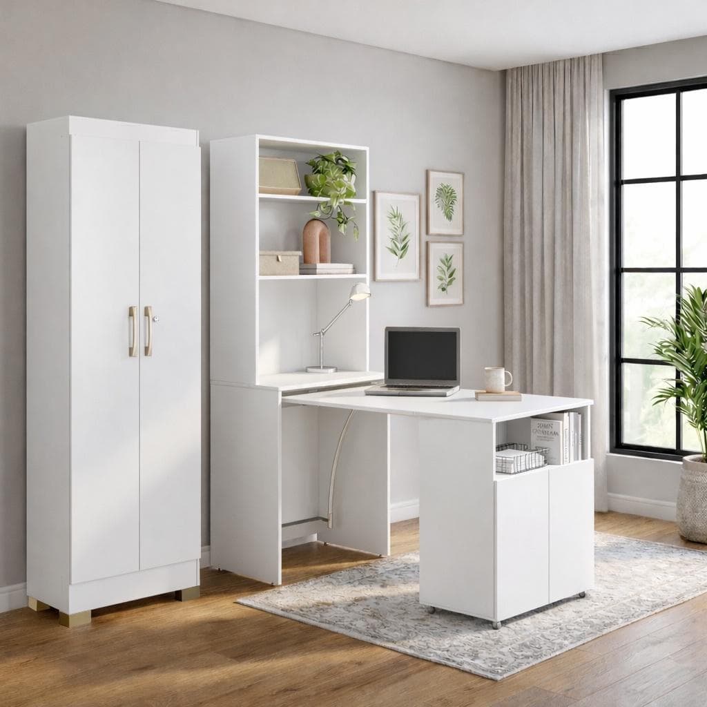 Kit escritório branco com escrivaninha retrátil e armário, em um ambiente minimalista com fundo cinza.