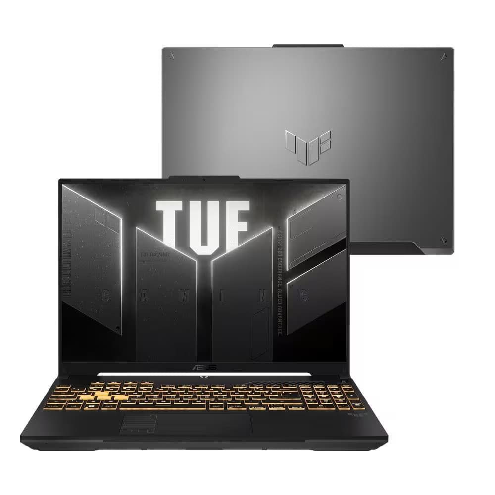 Notebook gamer Asus TUF F16 aberto com teclado RGB dourado e logotipo TUF