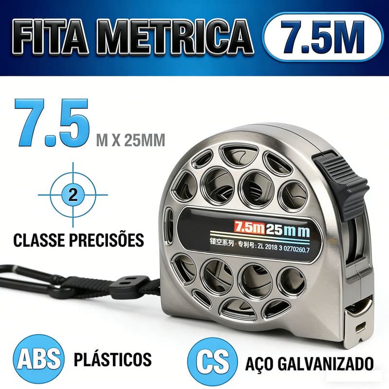 Trena Aço Inox 7.5m Profissional Fita Métrica Precisão - Imagem com fundo branco