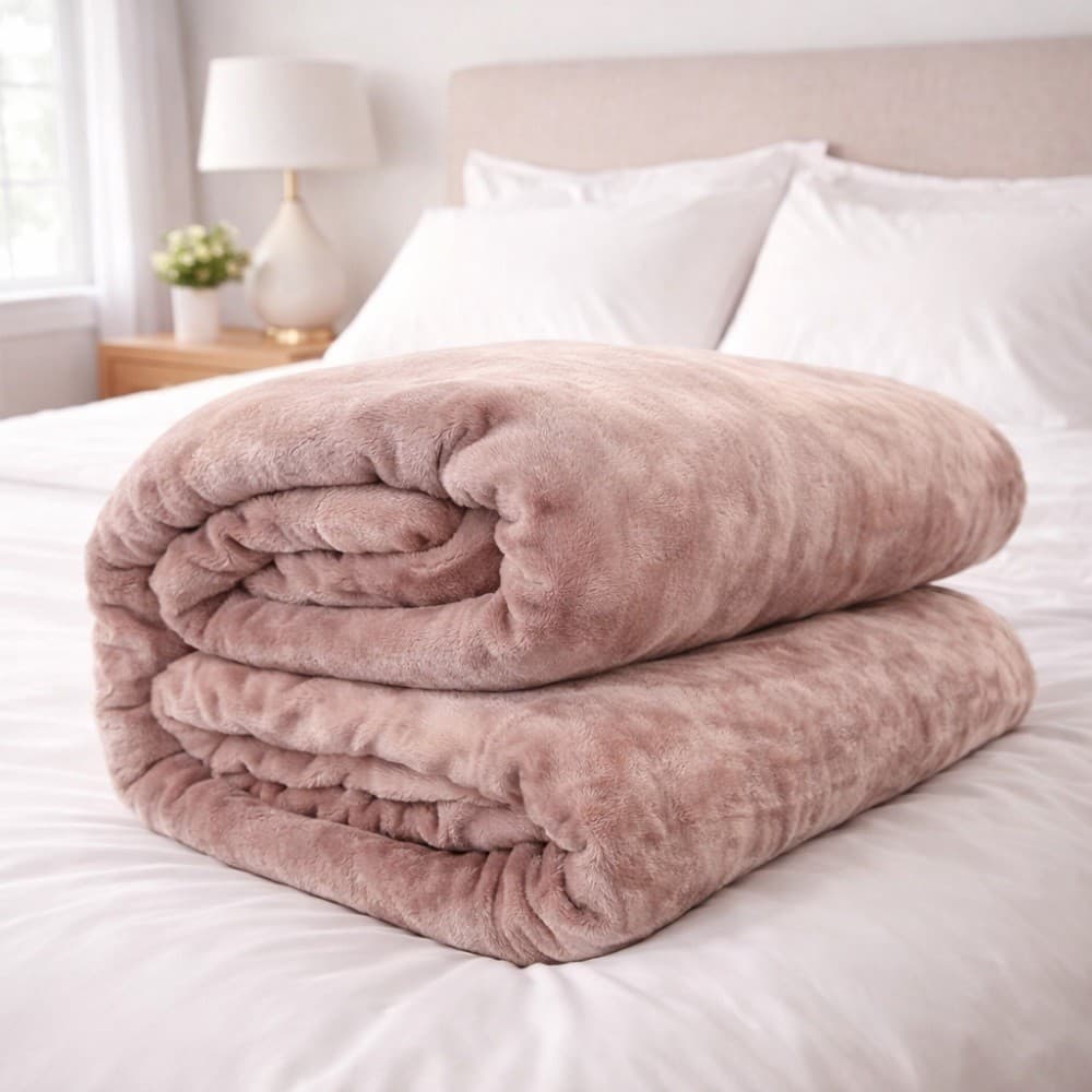 Cobertor de microfibra rosa claro em cama com roupa de cama branca