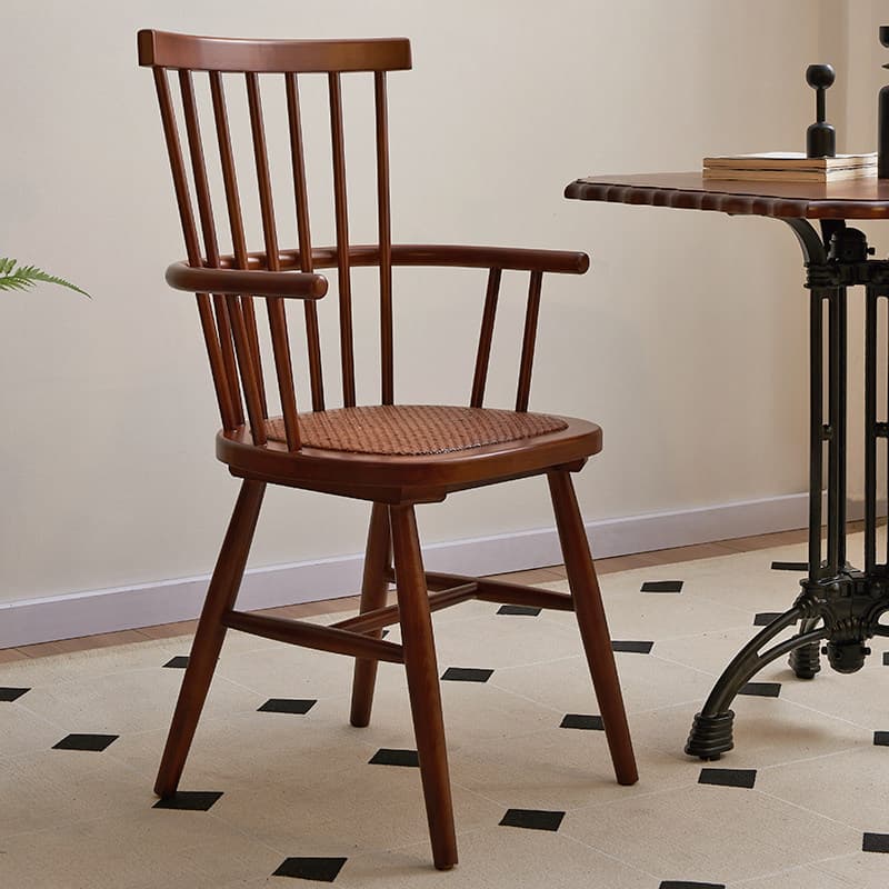 Retro madeira maciça rattan macarrão cadeira de jantar Windsor tira Vertical encosto artesanal assento rattan estilo Med