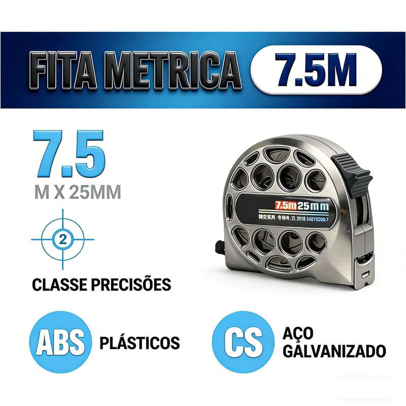 Trena fita métrica 7,5m de aço inoxidável resistente alta precisão