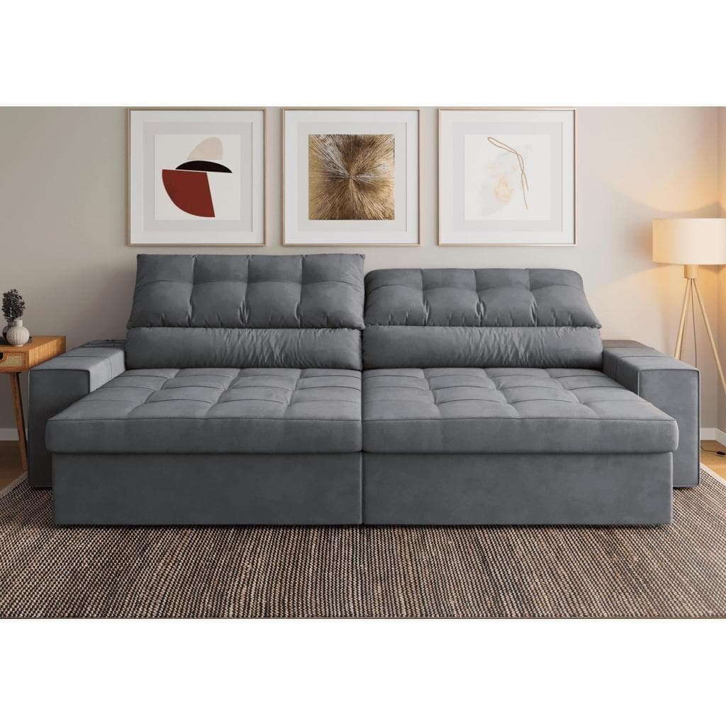Sofá Retrátil Reclinável 5 Lugares Suede Cinza 2,75m Medelín