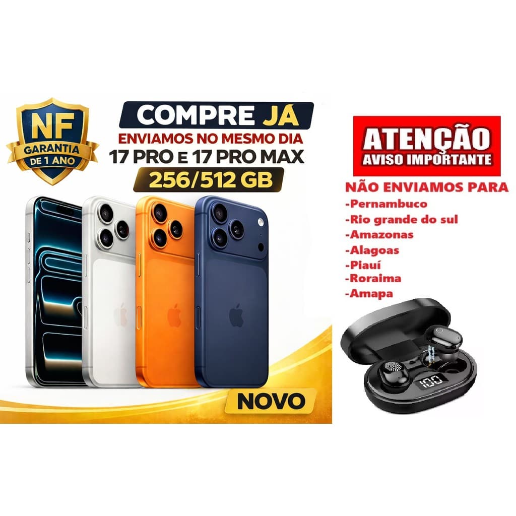 Anúncio venda iPhone 17 Pro e Pro Max 256GB/512GB com brinde fones de ouvido