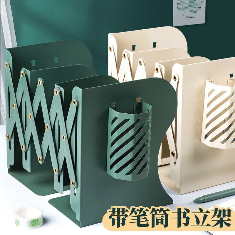 Estante retrátil verde estilo ins para canetas e livros, design minimalista