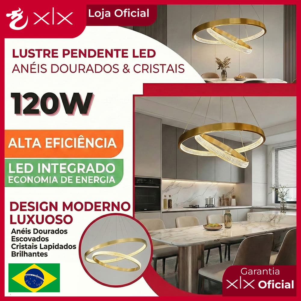 Lustre Pendente LED Anéis Dourados e Cristais Design Moderno