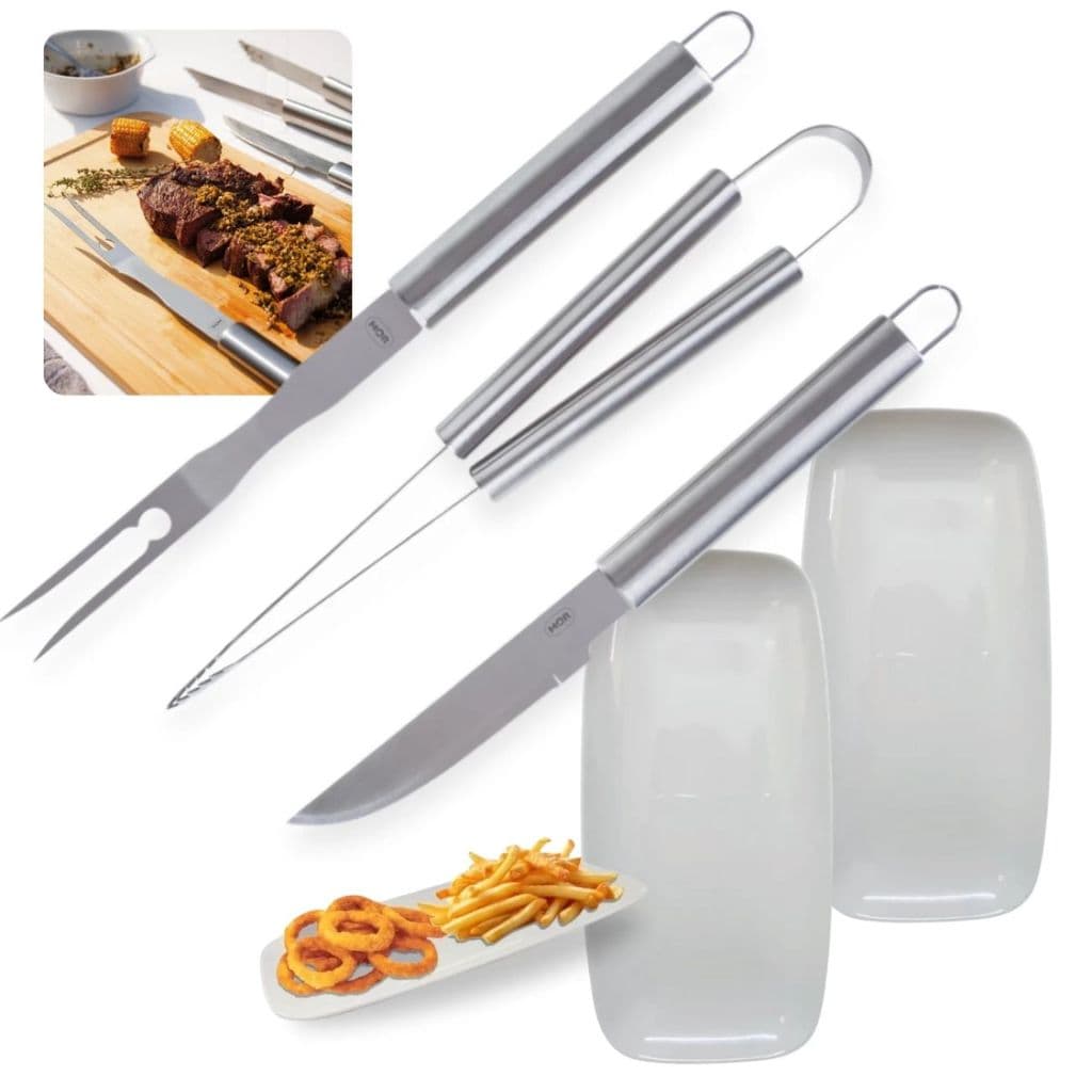 Kit churrasco 3 peças aço inoxidável faca garfo pegador 2 pratos servir petiscos