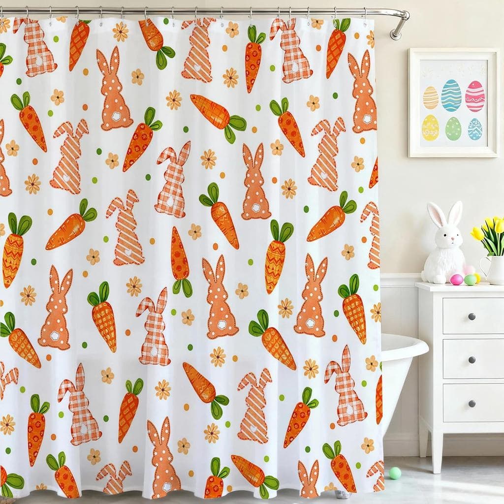 Cortina de Chuveiro Mocsicka com Coelhinhos da Páscoa, Cortina de Banheiro com Coelhinhos e Cenouras Fofos, Cortinas de 
