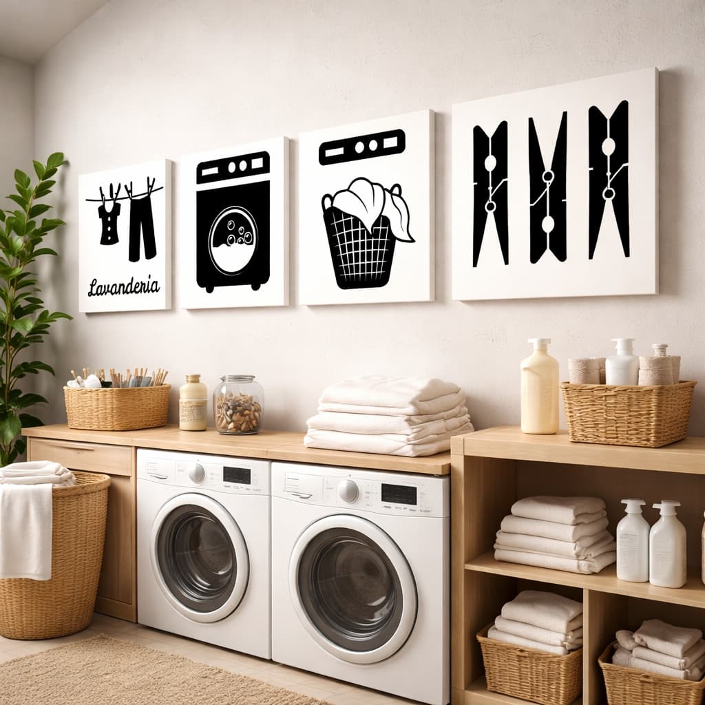 Kit 4 Quadros Decorativos Lavanderia com Símbolos de Máquina de Lavar e Cesto de Roupa
