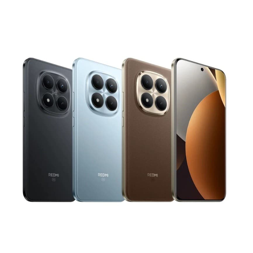 Xiaomi Redmi Note 15 Pro+ Plus 5G em quatro cores: preto, azul, marrom e prata.