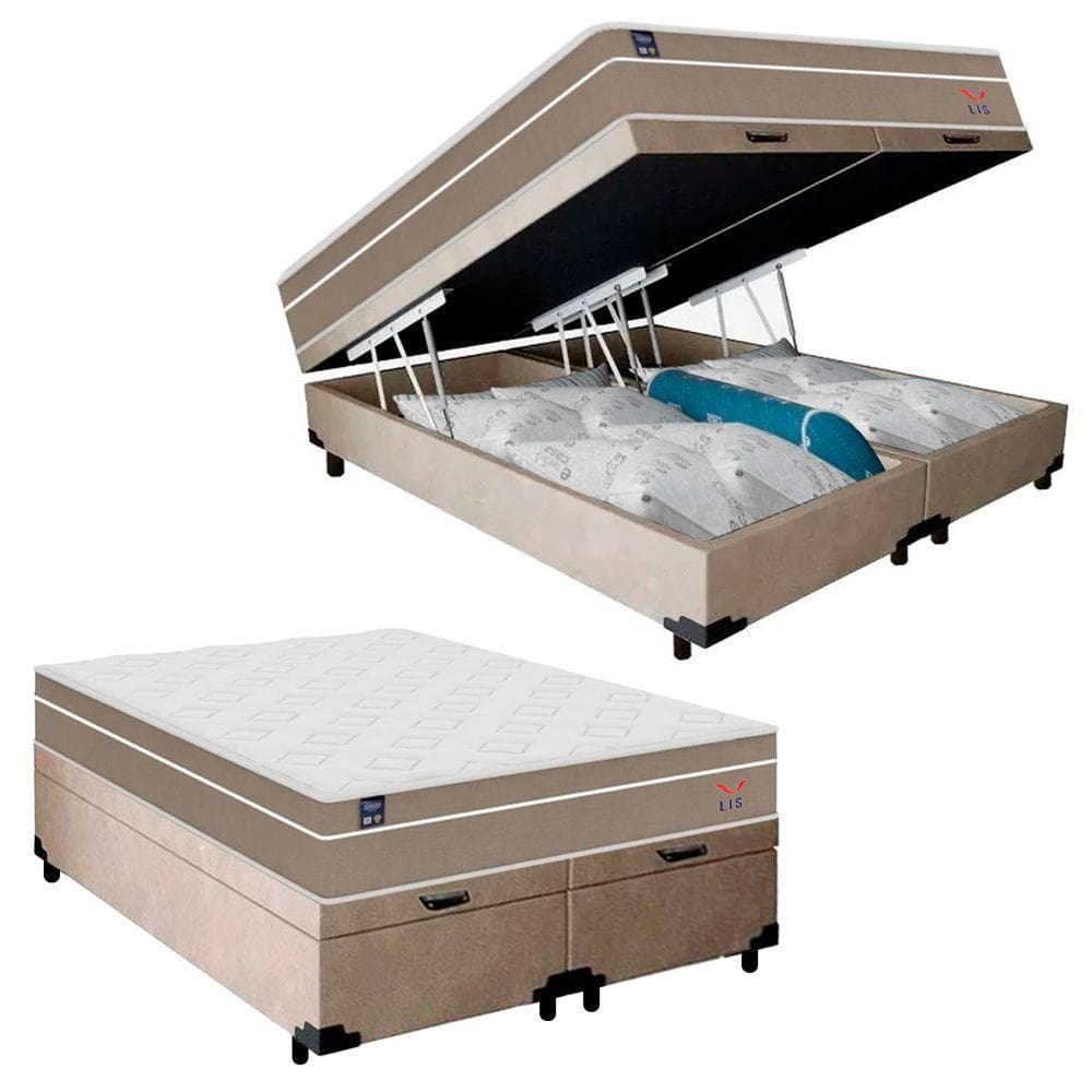 Cama Box Baú Casal Bipartido Suede + Colchão Lis Molas Ensacadas Plumatex 138x188x64cm Bege