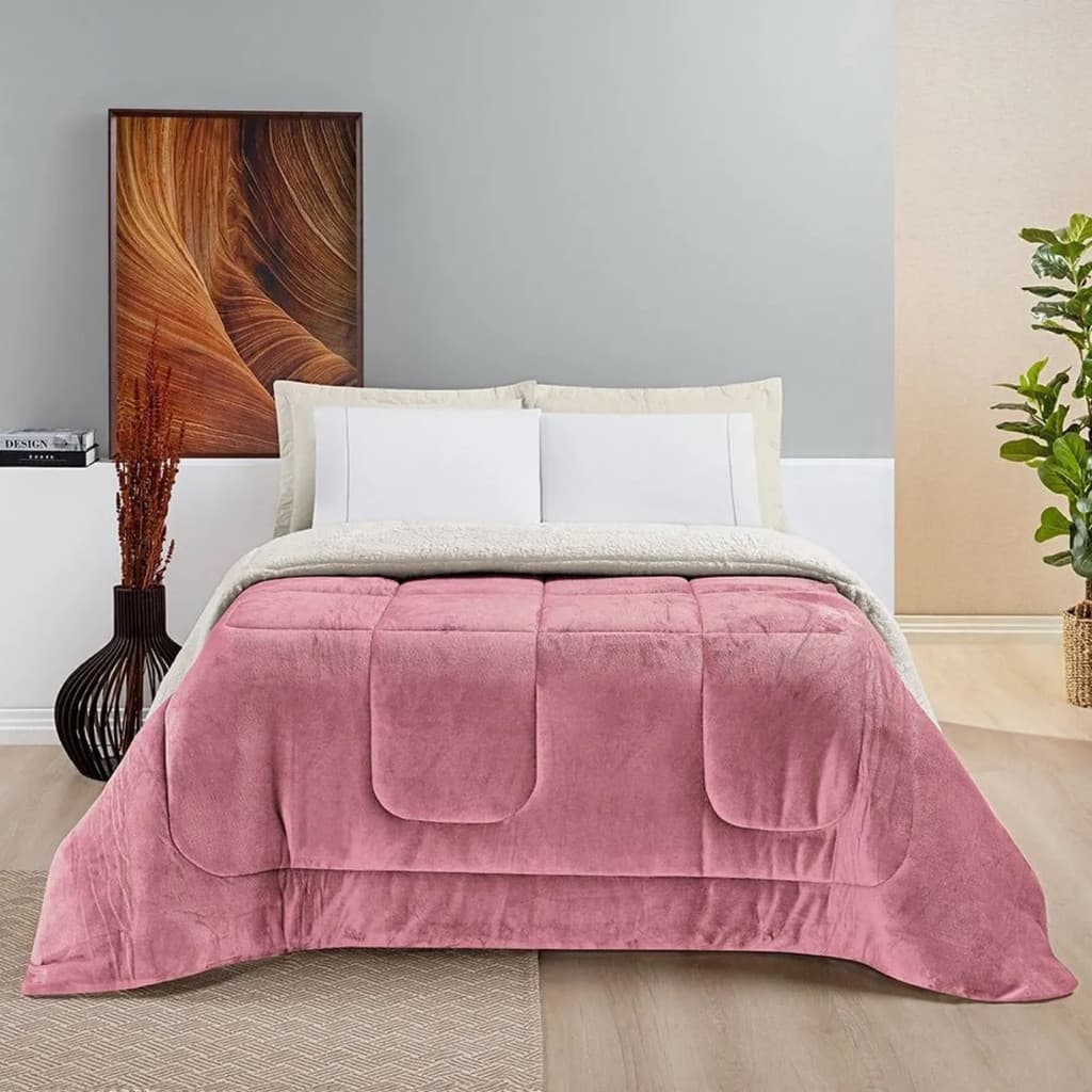 Edredom Sherpa Queen Casal Dupla Face Rosa-Escuro