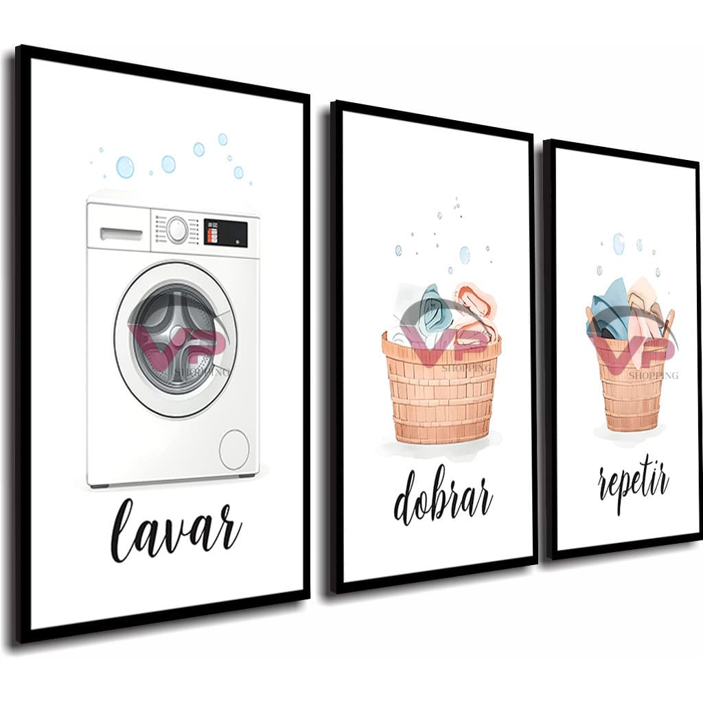 Kit trio quadros decorativos lavar dobrar repetir para lavanderia