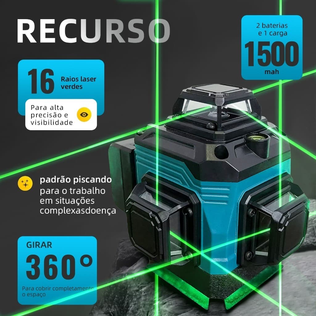 Nível laser 16 linhas verdes 360° auto-nivelante 4D com tripé e baterias