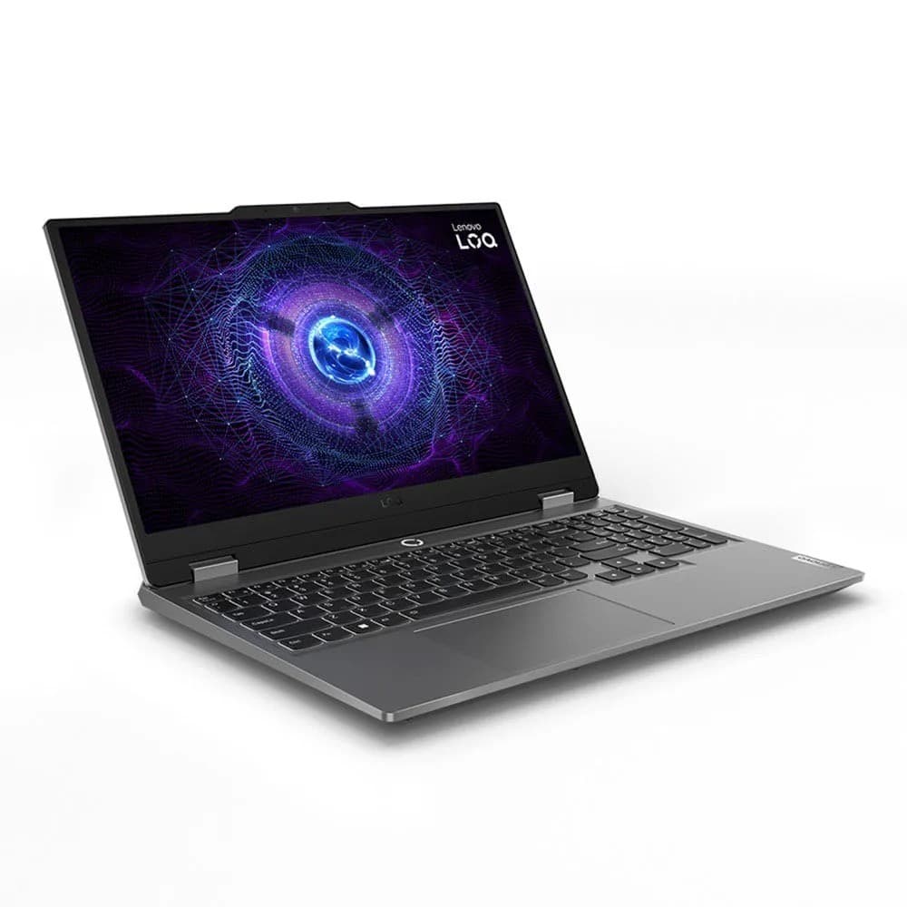 Notebook Lenovo LOQ aberto com tela de design abstrato azul e roxo