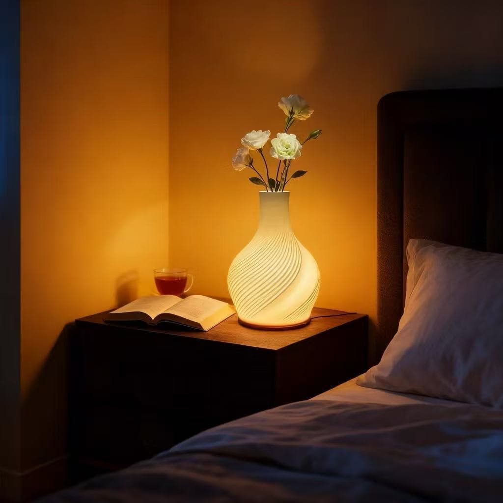 Luminária LED em forma de vaso com flores brancas em um criado-mudo de madeira, iluminação amarela.