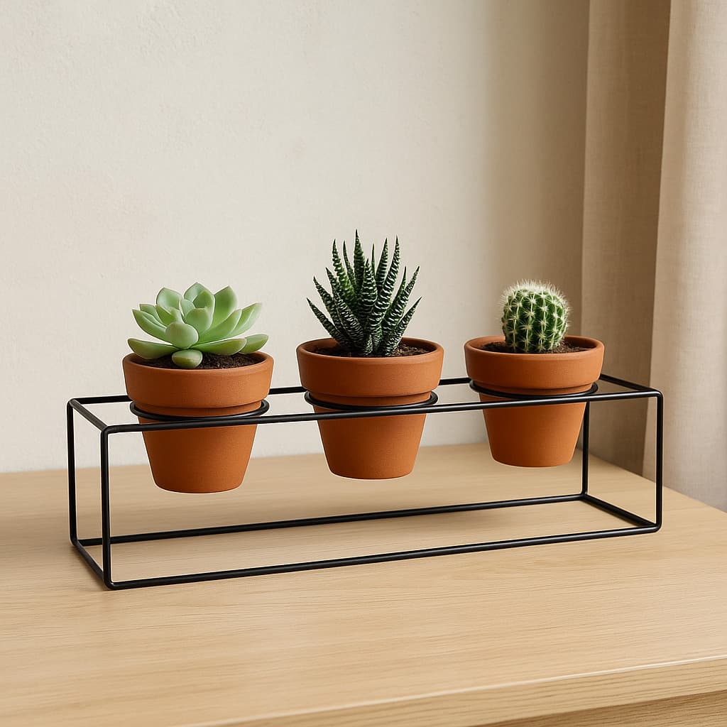 Suporte para 3 Vasos em Ferro Aramado Preto com Plantas