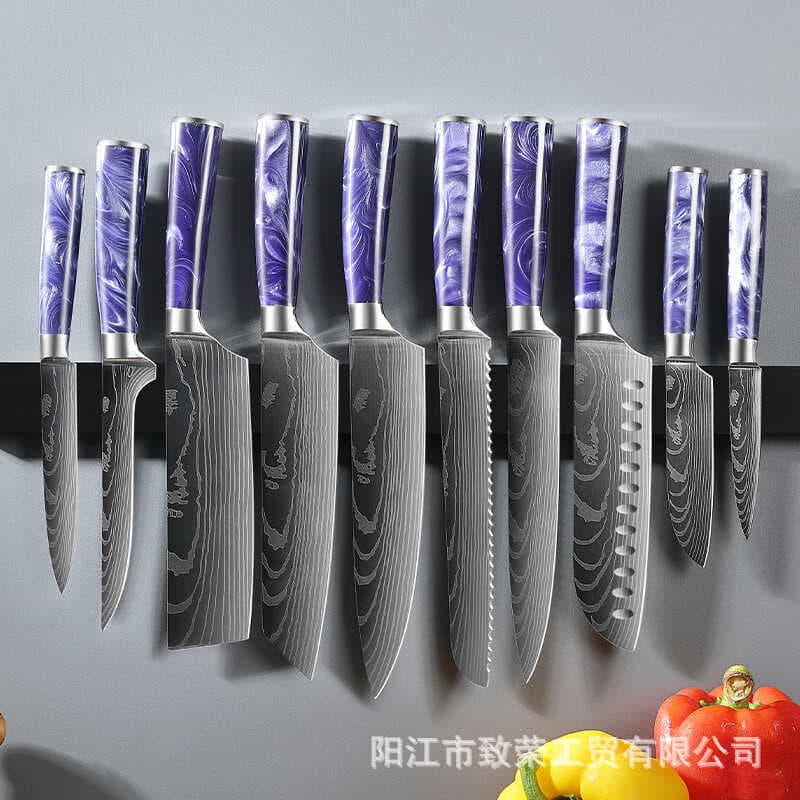 Conjunto de 10 facas de chef japonesas com cabos resina roxa e padrão de aço damasco, lâminas de 27cm