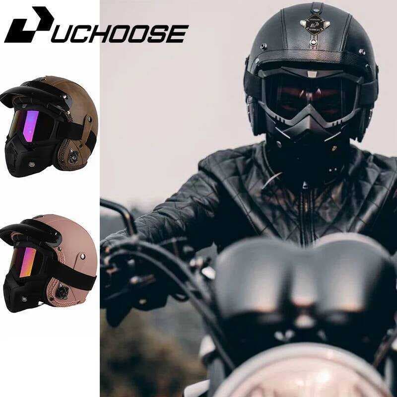 Uchoose Couro Retro Motocicleta Capacete De Rosto Aberto Scooter 3/4 Chopper Casco Moto Vintage Capacetes Motocross