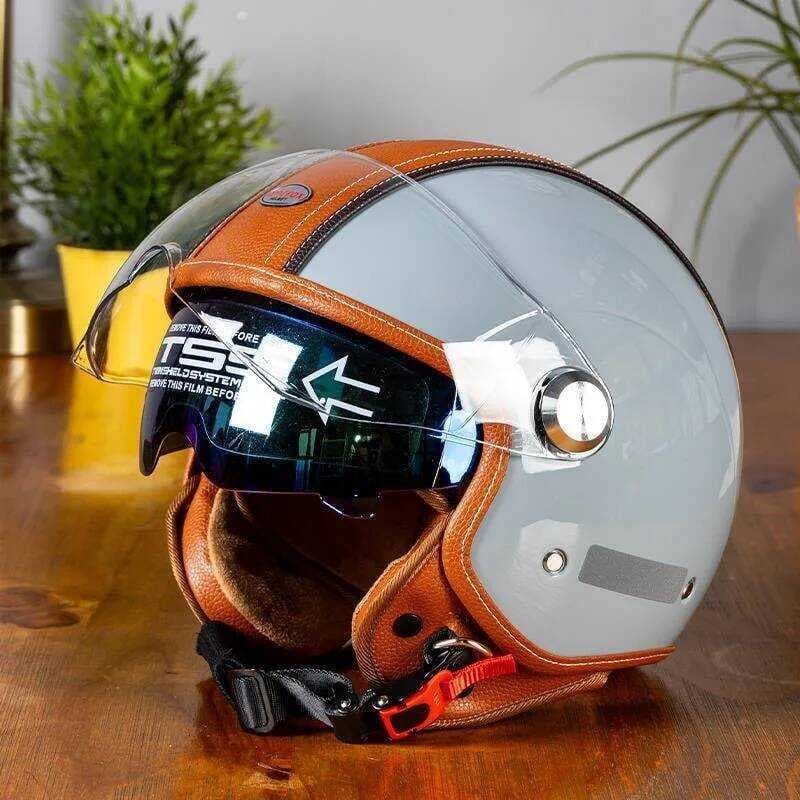 Jet DOT Aberto Masculino Feminino Retro 3/4 Couro Capacetes Da Motocicleta Café r Meia Face Capacete De Moto