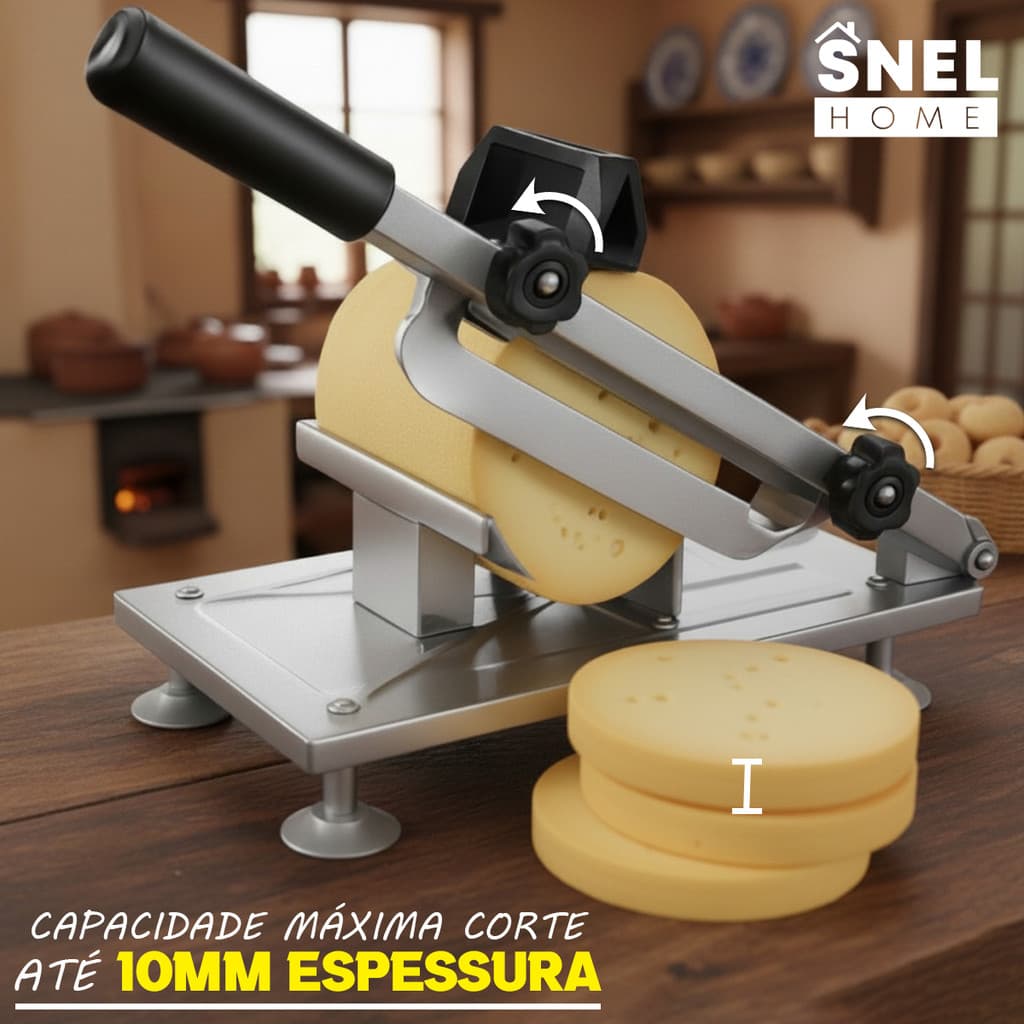Cortador de carne e frios em aço inoxidável com capacidade de corte até 10mm de espessura.