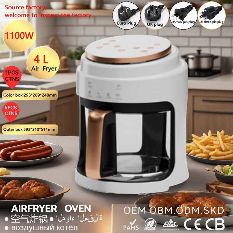 Forno de vídeo de vidro doméstico multifuncional totalmente automático fritadeira de ar integrada sem fumaça Airfye 1 0V