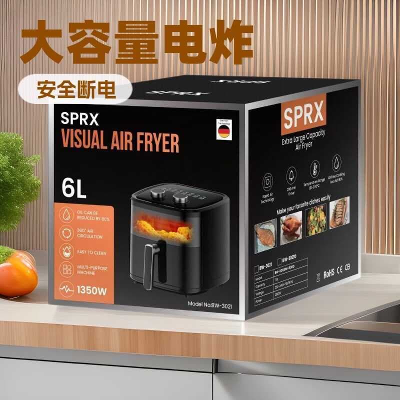 Caixa da fritadeira de ar dupla grande capacidade Visual multifuncional eletrodomésticos 10-24V, com capacidade de 6L, 1350W e múltiplas funções.