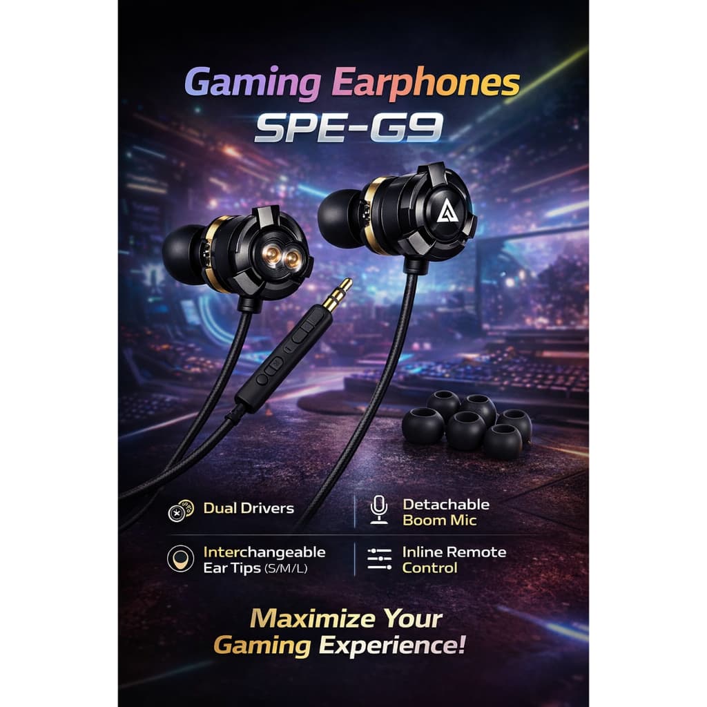 Fones de ouvido para jogos com fio SPE-G9 com microfone destacável e controle remoto na linha