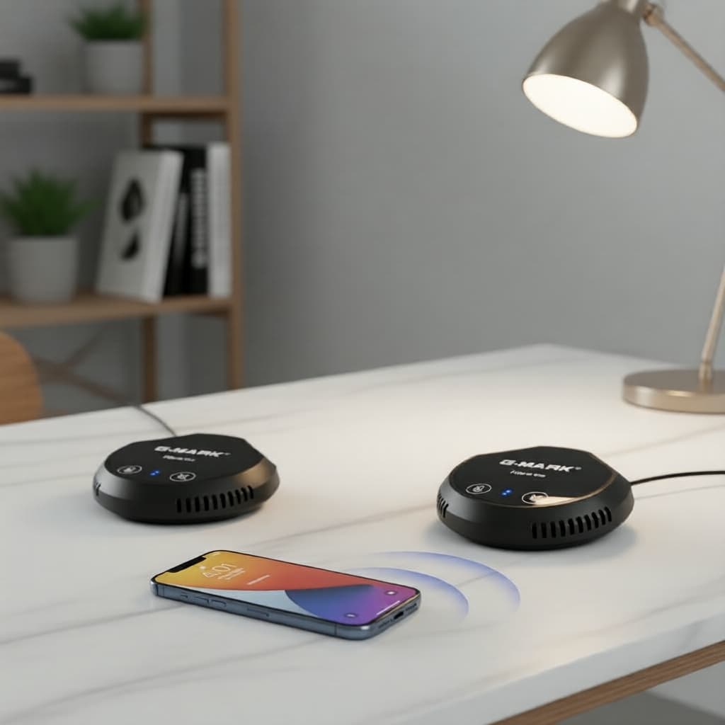 Microfones USB G-MARK Micro Go pretos em mesa com smartphone, fundo com prateleira e lâmpada