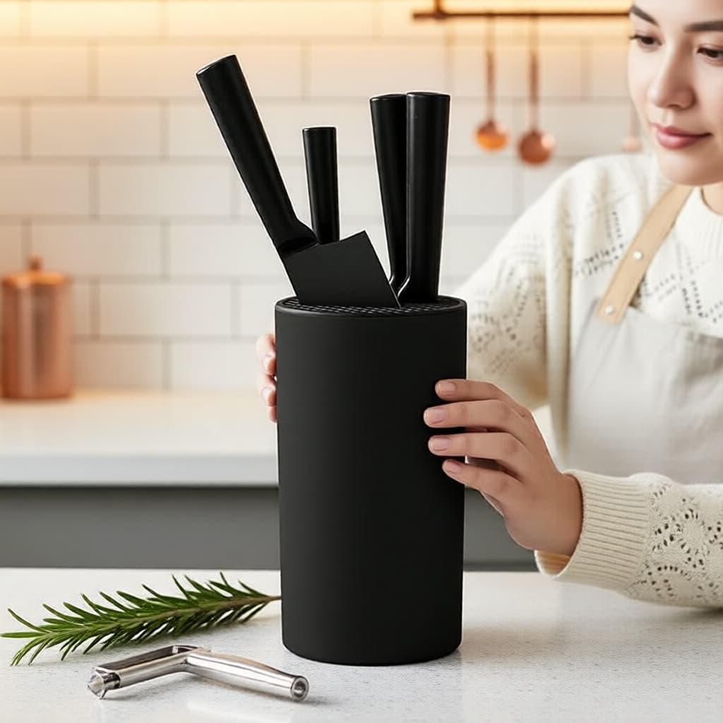 Mulher segurando organizador de utensílios de cozinha preto com facas encaixadas