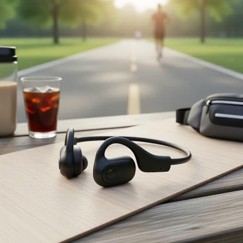 Fones de ouvido sem fio pretos com gancho para orelha em uma mesa de madeira