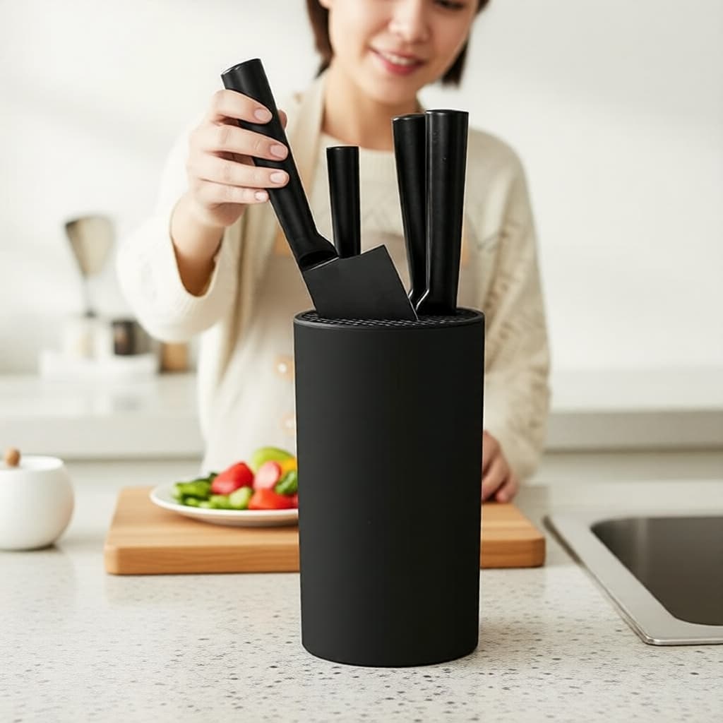 Suporte organizador de facas preto com design de insert, segurado por uma mulher em uma cozinha moderna.