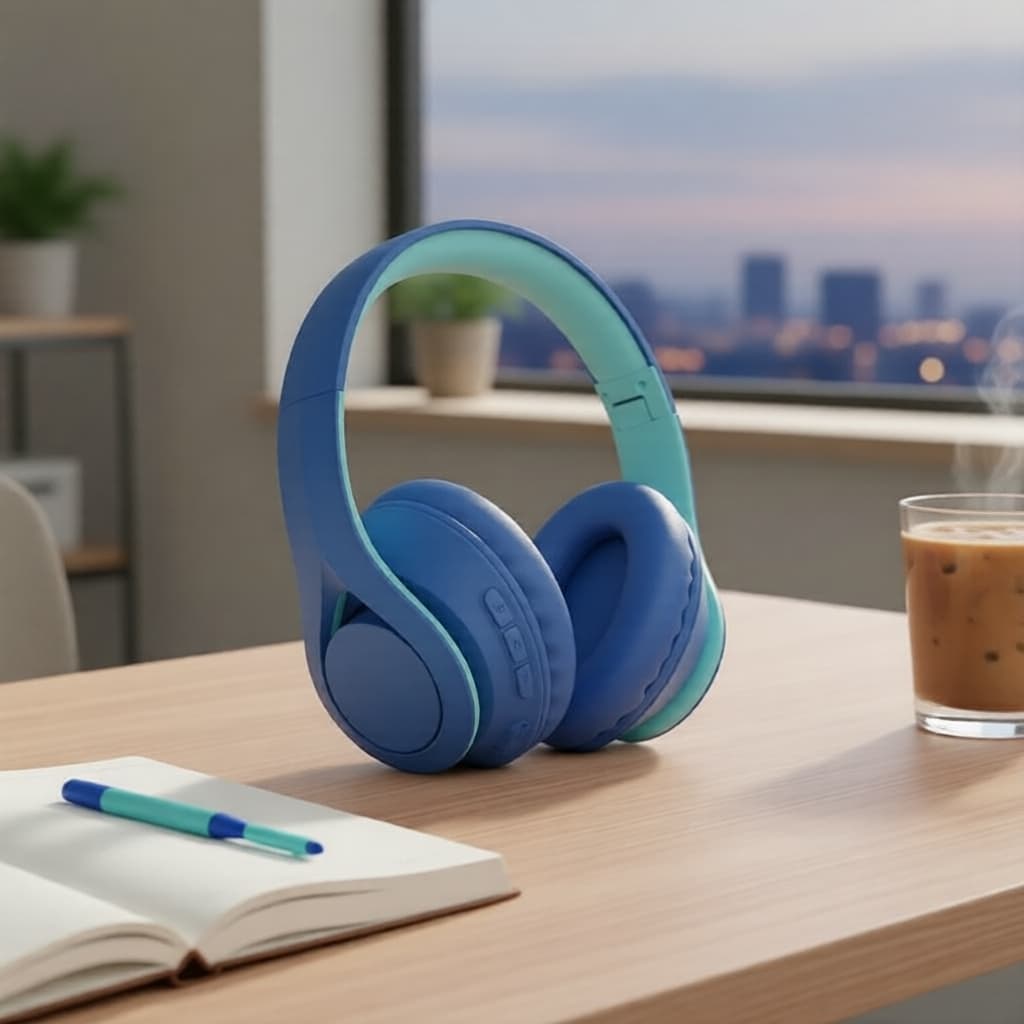 Fones de ouvido sem fio HiFi estéreo 60H para laptops, cor azul e turquesa, mesa de madeira, caneca de café e caneta