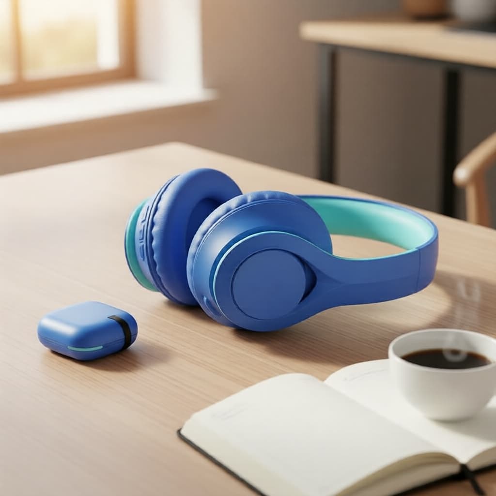 Fones de ouvido sem fio azuis, confortáveis, sobre uma mesa com café e livro aberto ao fundo.